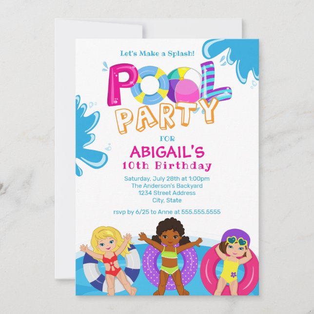 Invitation Fête de la piscine pour filles 10e anniversaire (Devant)
