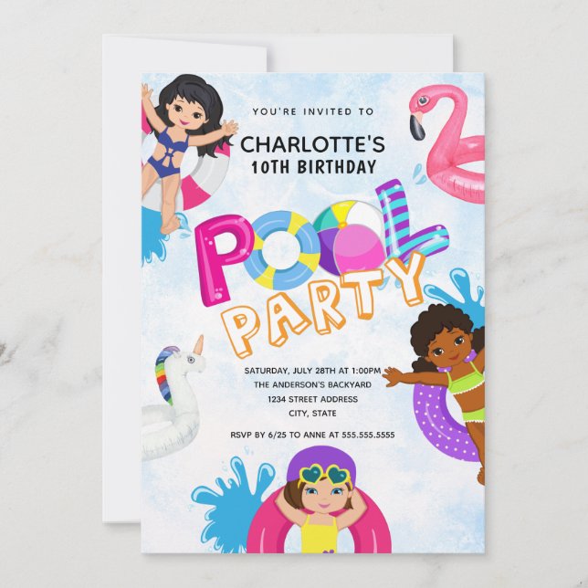 Invitation Fête de la piscine pour filles 10e anniversaire (Devant)
