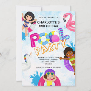 Invitation Fête de la piscine pour filles 10e anniversaire
