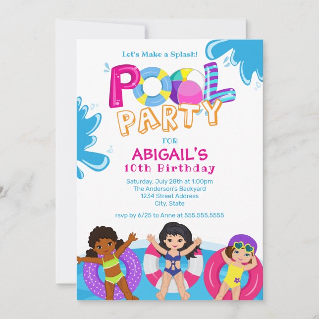 Invitation Fête de la piscine pour filles 10e anniversaire (Devant)