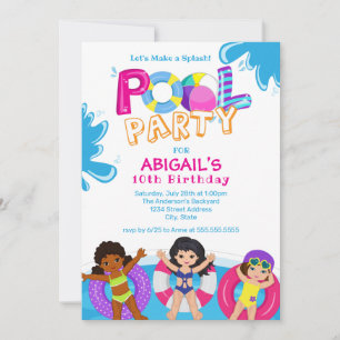 Invitation Fête de la piscine pour filles 10e anniversaire