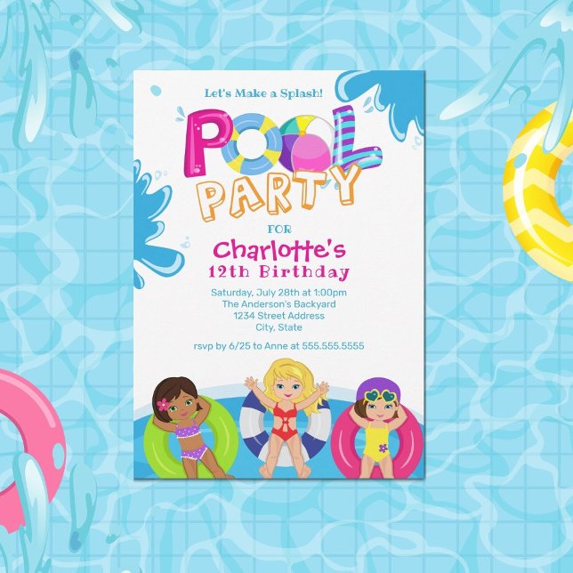 Invitation Fête de la piscine pour filles 12e anniversaire (Créateur téléchargé)