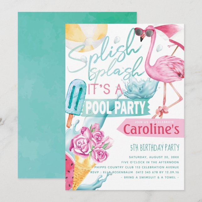 Invitation Fête de la piscine pour filles Anniversaire (Devant / Derrière)
