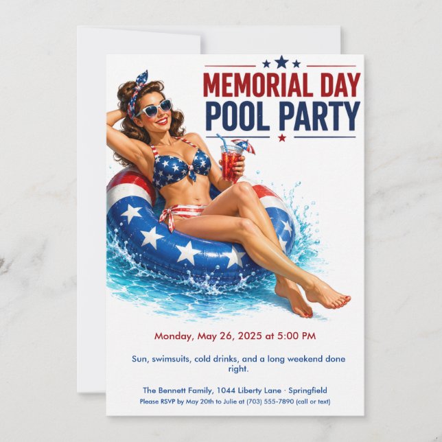 Invitation Fête de la piscine pour le Memorial Day | Fête d'é (Devant)