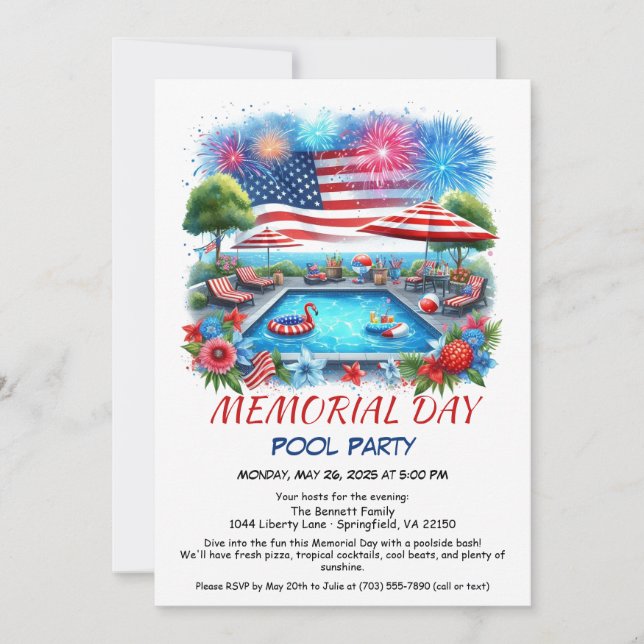 Invitation Fête de la piscine pour le Memorial Day | Fiesta d (Devant)