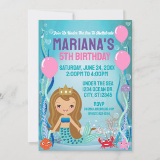 Invitation Fête de la Princesse Sirène (cheveux dorés)