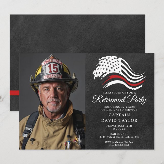 Invitation Fête de la retraite des pompiers Mince ligne rouge (Devant / Derrière)