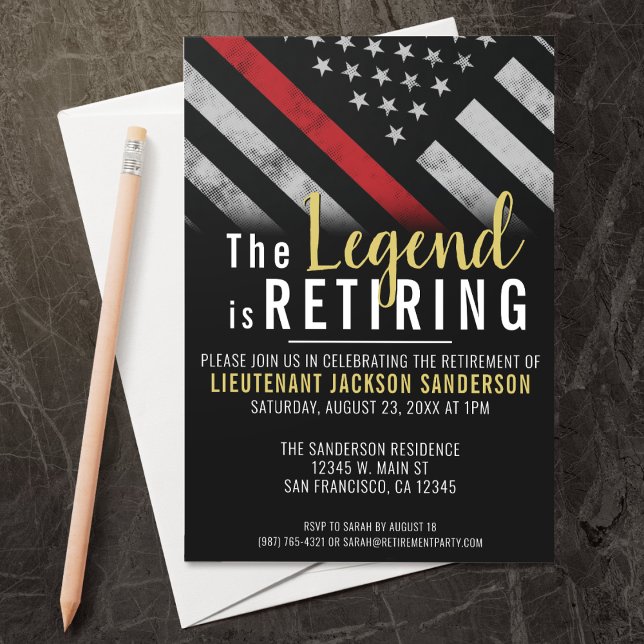 Invitation Fête de la retraite des pompiers Red Line Flag Fir (Perfect for a retirement party for retiring firefighters, lieutenants, captains, etc!)