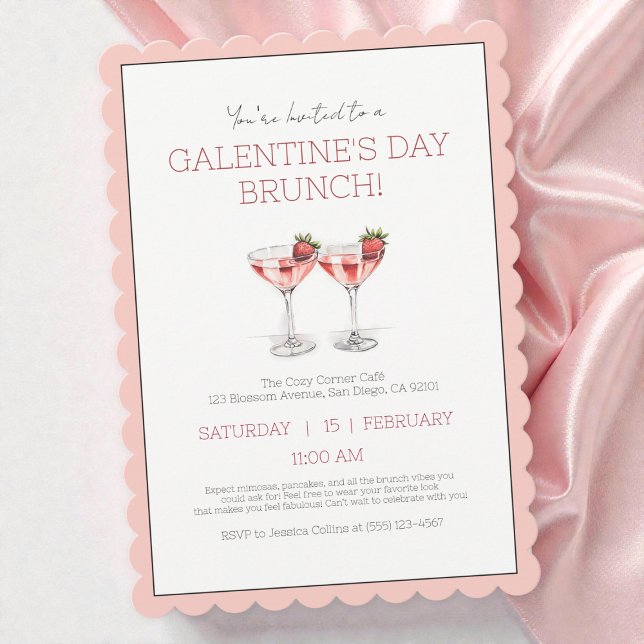 Invitation Fête de la Saint-Galentin rose mignonne Fille Brun (Cute Pink Galentine's Day Girly Brunch Party Invitation)