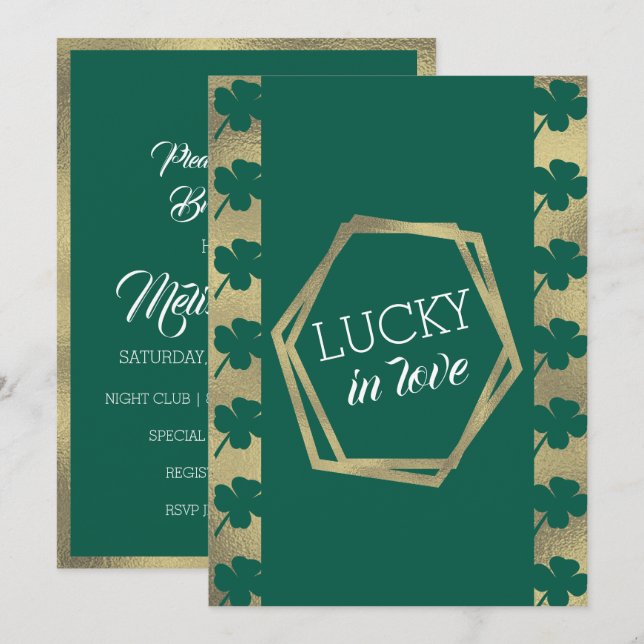 Invitation Fête de la Saint-Patrick Chanceux Mariée Verte Or (Devant / Derrière)