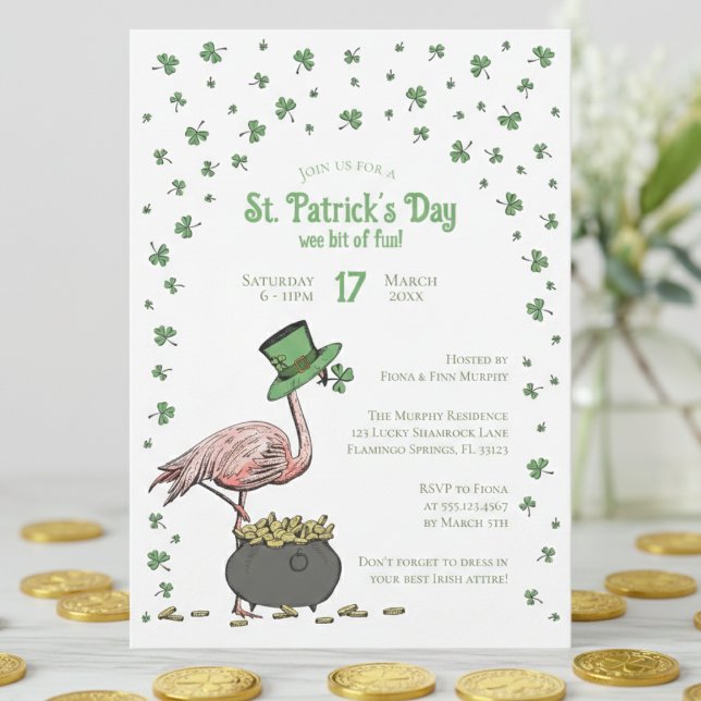 Invitation Fête de la Saint-Patrick Flamant Rose Trèfle Irlan (Funny Irish Flamingo St Patrick's Day Party Invitations. Green Shamrocks, Clovers, Leprechaun Hat)