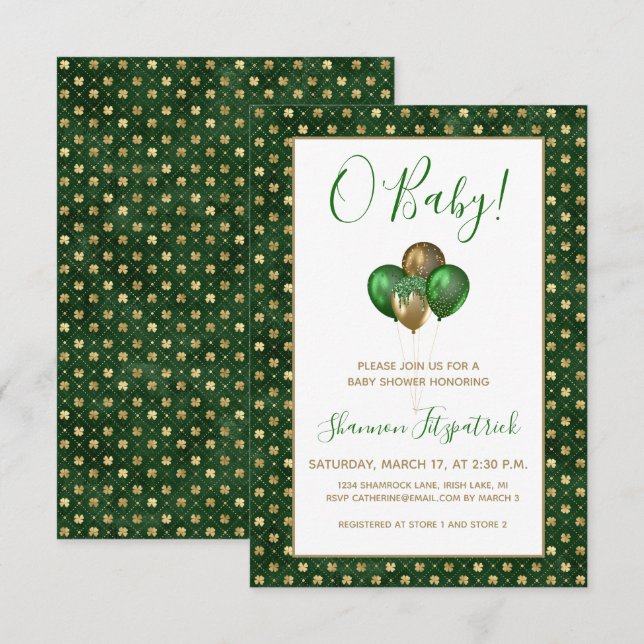Invitation Fête de la Saint-Patrick Or Vert Trèfles Baby Show (Devant / Derrière)