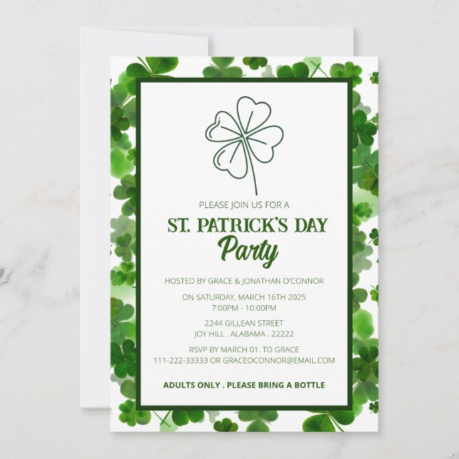 Invitation Fête de la Saint-Patrick Trèfle Vert Élégant (Devant)