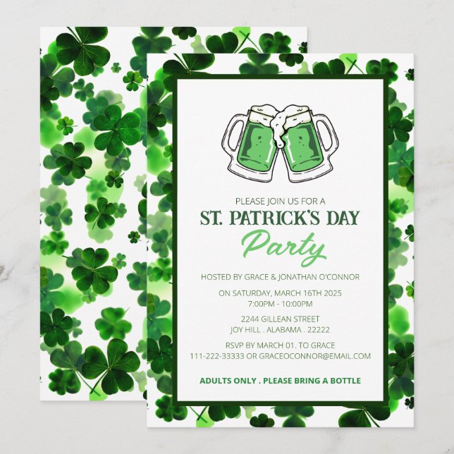 Invitation Fête de la Saint-Patrick Trèfle Vert Élégant (Devant / Derrière)