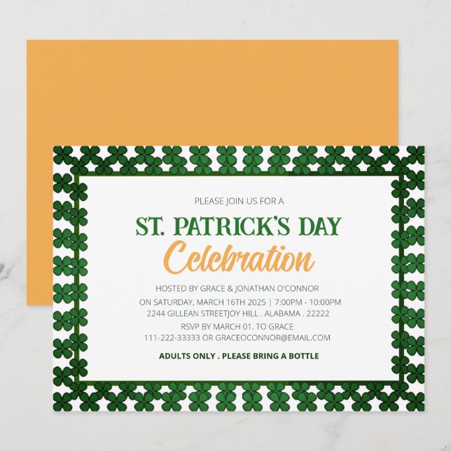 Invitation Fête de la Saint-Patrick Trèfle Vert et Blanc (Devant / Derrière)