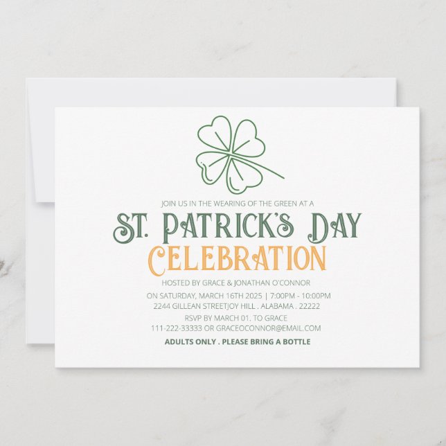 Invitation Fête de la Saint-Patrick Trèfle Vert et Blanc (Devant)