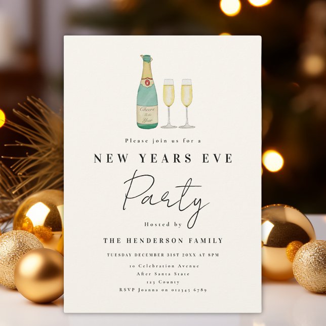 Invitation Fête de la Saint Sylvestre Simple Moderne (Minimalist watercolor New Year’s Eve party invitation )