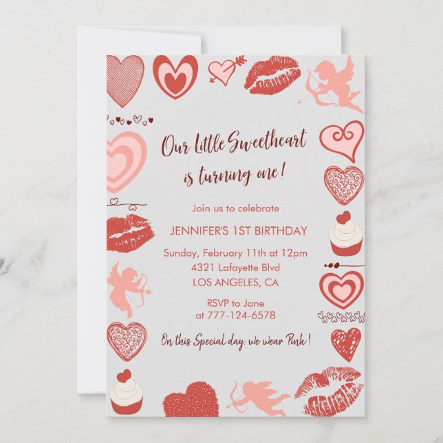 Invitation Fête de la Saint-Valentin 1er anniversaire Rose Ro (Devant)