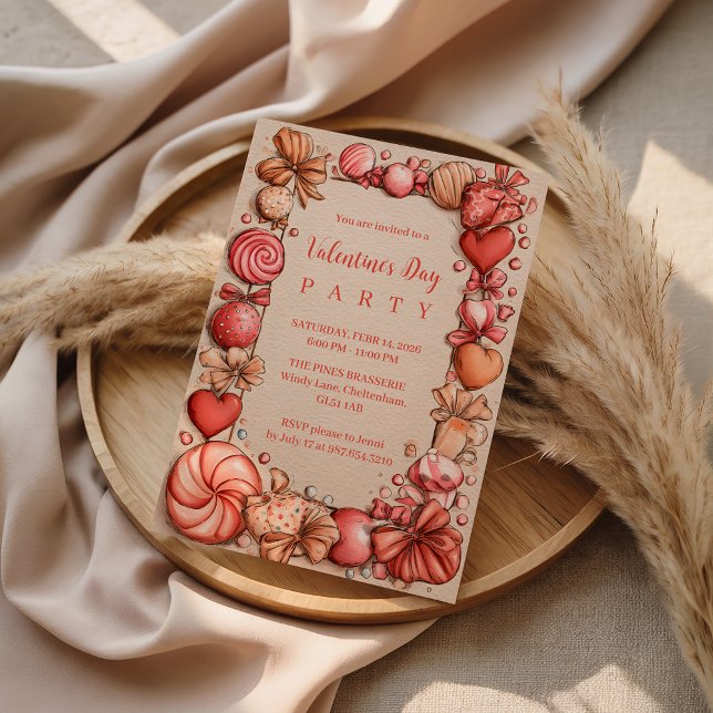 Invitation Fête de la Saint-Valentin aux cœurs de bonbons vin (Créateur téléchargé)