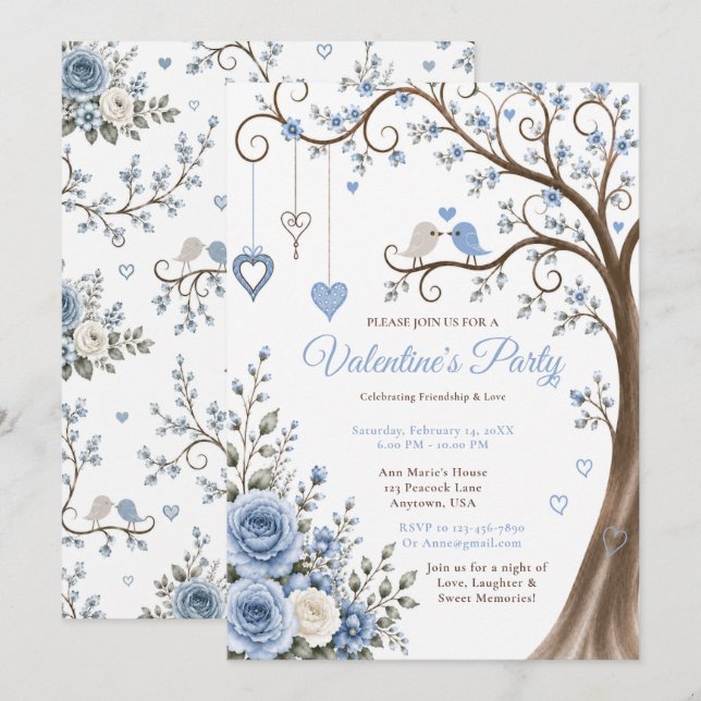 Invitation Fête de la Saint-Valentin Bleu Poussiéreux (Devant / Derrière)