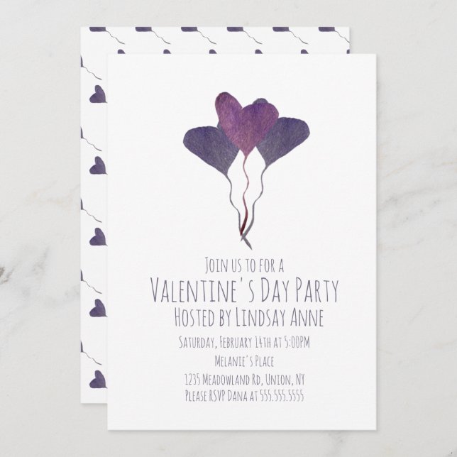 Invitation Fête de la Saint-Valentin Cœur Aquarelle Violet  (Devant / Derrière)