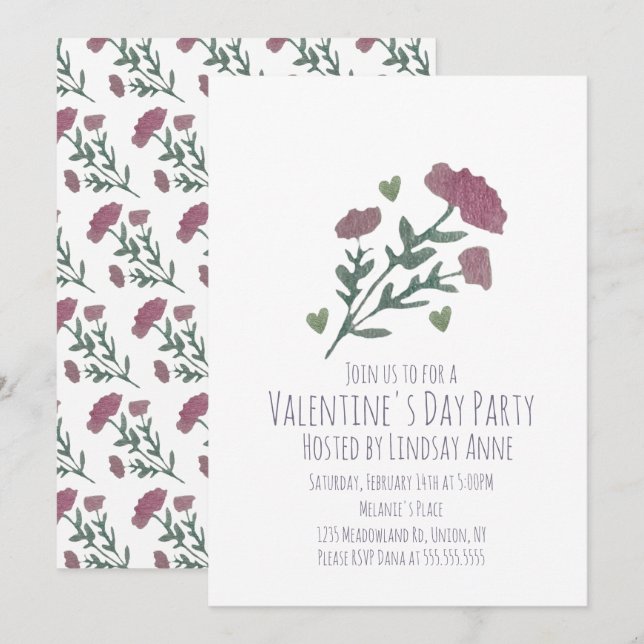 Invitation Fête de la Saint-Valentin Cœur de fleurs aquarelle (Devant / Derrière)