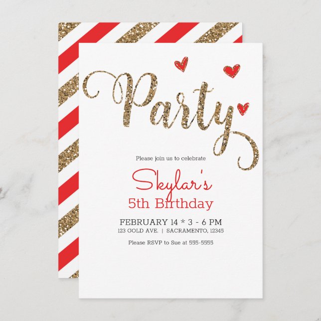 Invitation Fête de la Saint-Valentin Cœur Paillettes Rouge et (Devant / Derrière)