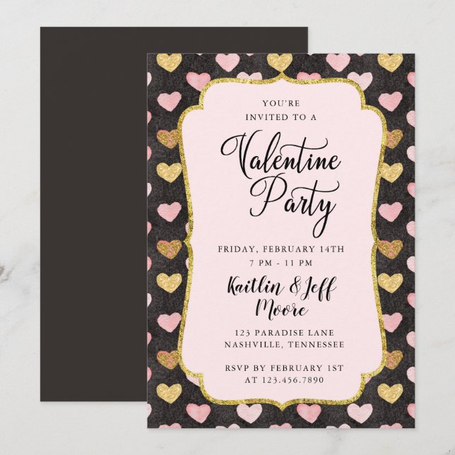 Invitation Fête de la Saint-Valentin cœurs roses et or (Devant / Derrière)