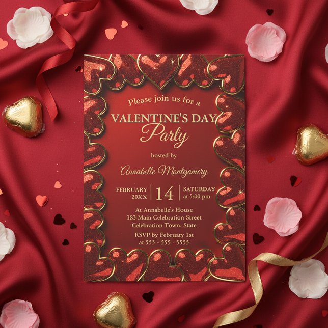 Invitation Fête de la Saint-Valentin Glam Glitter Rouge Or Cœ (Créateur téléchargé)
