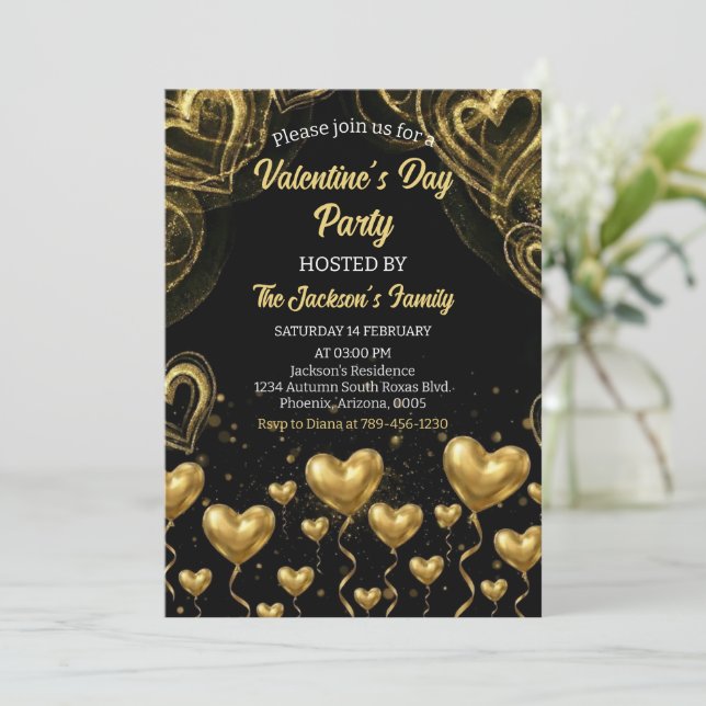 Invitation Fête de la Saint-Valentin Gold Hearts (Debout devant)
