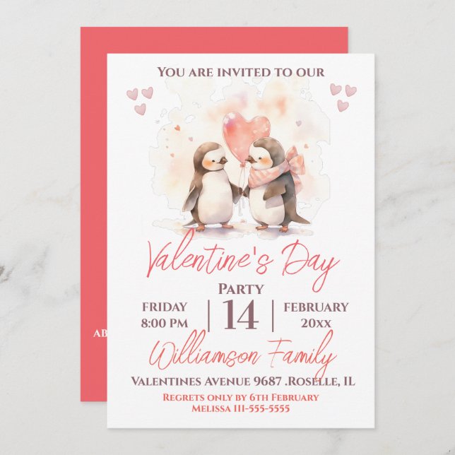 Invitation Fête de la Saint-Valentin Mignons manchots et fête (Devant / Derrière)