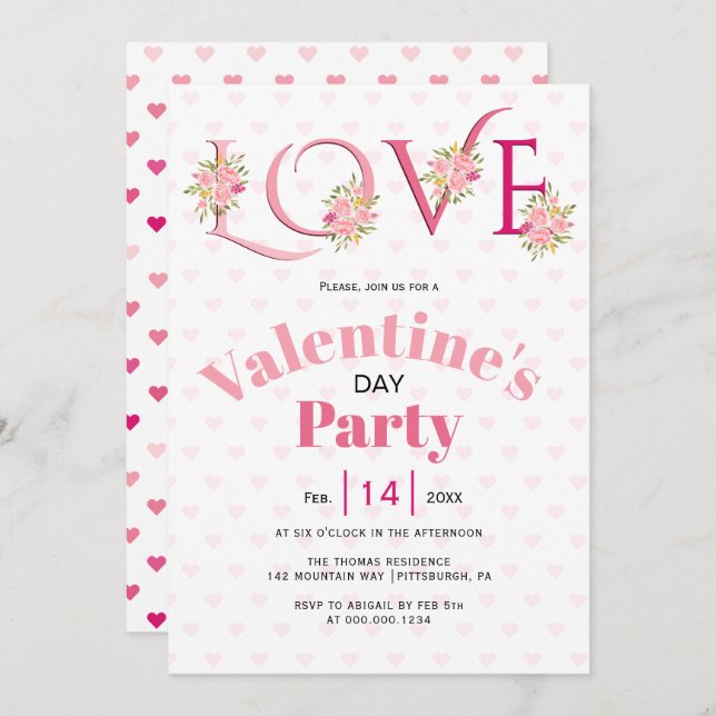 Invitation Fête de la Saint Valentin rose fleuri (Devant / Derrière)