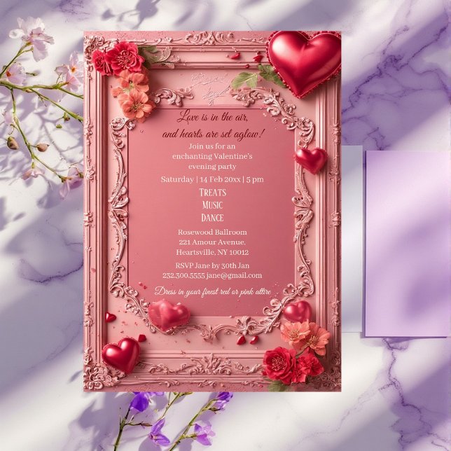 Invitation Fête de la Saint-Valentin Rustique Roses Rouges Cœ (Romantic Roses Red Hearts Rustic Valentine Party Invitation)