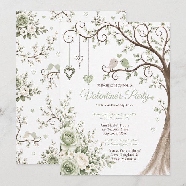 Invitation Fête de la Saint-Valentin Vert Sauge (Devant / Derrière)