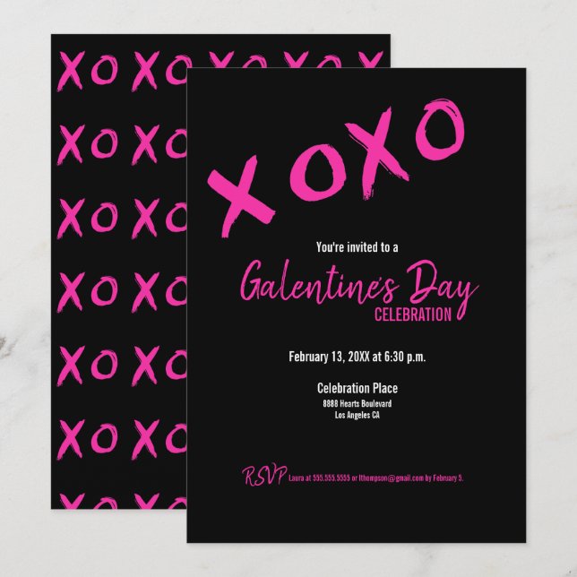 Invitation Fête de la Saint-Valentin XOXO en noir et rose (Devant / Derrière)