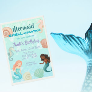 Invitation Fête de la Sirène COQUILLAGE, Anniversaire Aquarel
