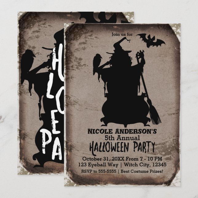 Invitation Fête de la sorcière de la chaudière d'Halloween ru (Devant / Derrière)