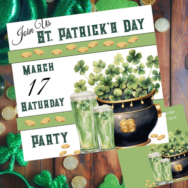 Invitation Fête de la St patrick de la bière verte et shamroc (St Patrick's Day customizable party invitation with green beer and a pot of Irish gold. )