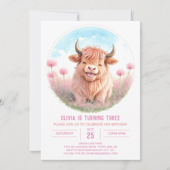 Invitation Fête de la vache des Highlands Girl Anniversaire (Devant)