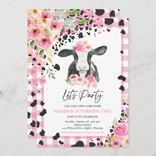 Invitation Fête de la vache Fête rose Floral Ranch Anniversai (Devant / Derrière)