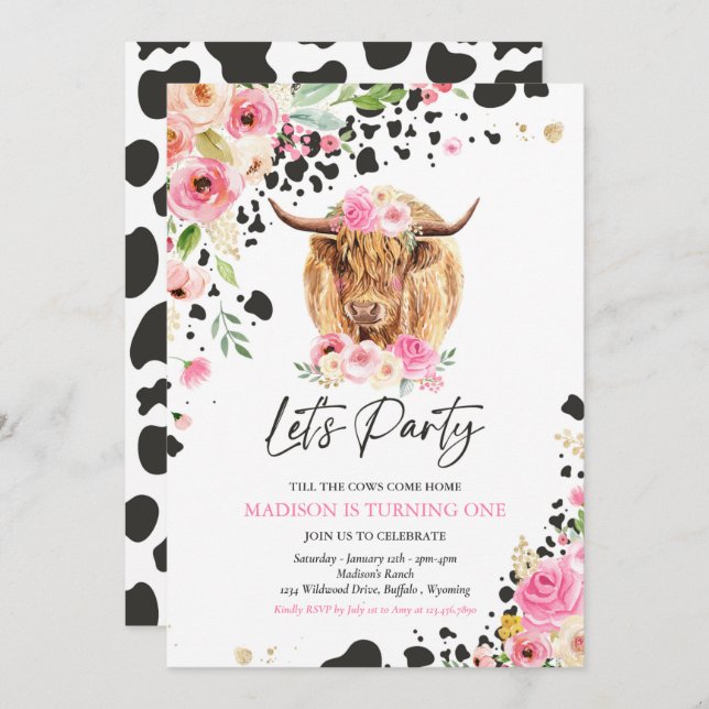 Invitation Fête de la vache Fête rose Floral Ranch Anniversai (Devant / Derrière)