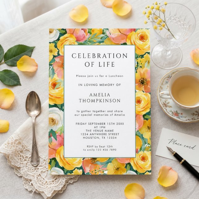 Invitation Fête de la vie à bordure florale rose jaune (Créateur téléchargé)
