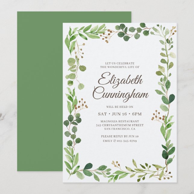 Invitation Fête de la vie Aquarelle Foliage Verdure (Devant / Derrière)