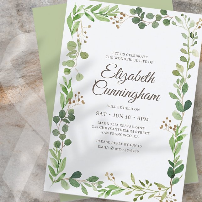 Invitation Fête de la vie Aquarelle Foliage Vert (Créateur téléchargé)