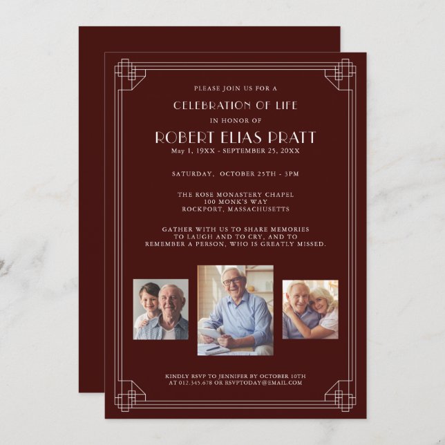 Invitation Fête de la vie Bourgogne Rouge Blanc 3 Photo (Devant / Derrière)