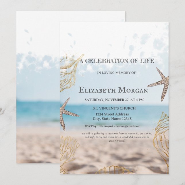 Invitation Fête de la vie Coquillages Or de la plage (Devant / Derrière)