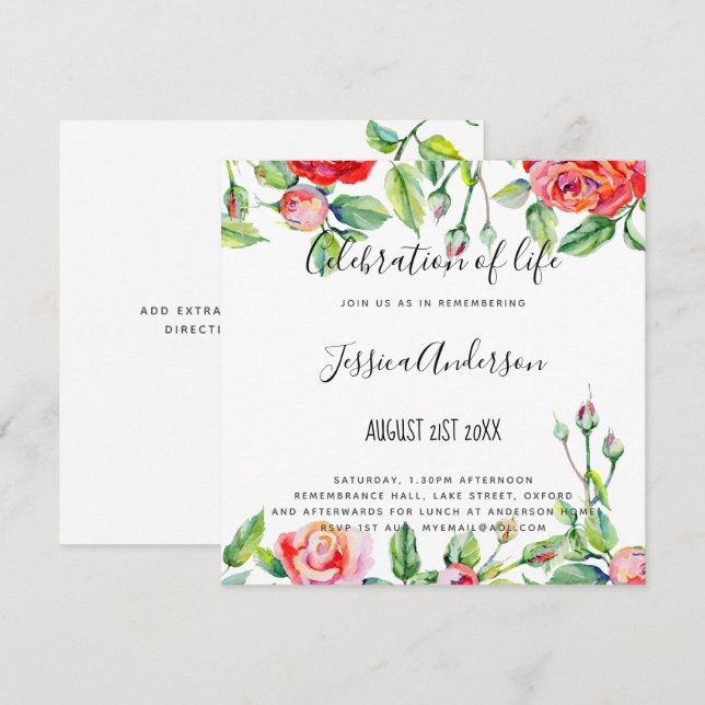 Invitation Fête de la vie de la femme - Aquarelle Roses rouge (Devant / Derrière)