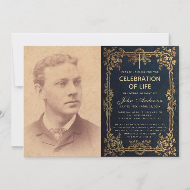 Invitation Fête de la vie Funérailles Photo Blue Gold Vines (Devant)