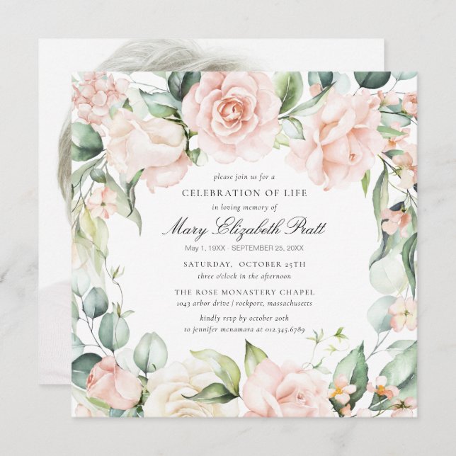 Invitation Fête de la vie Funéraire Photo Rose Floral (Devant / Derrière)