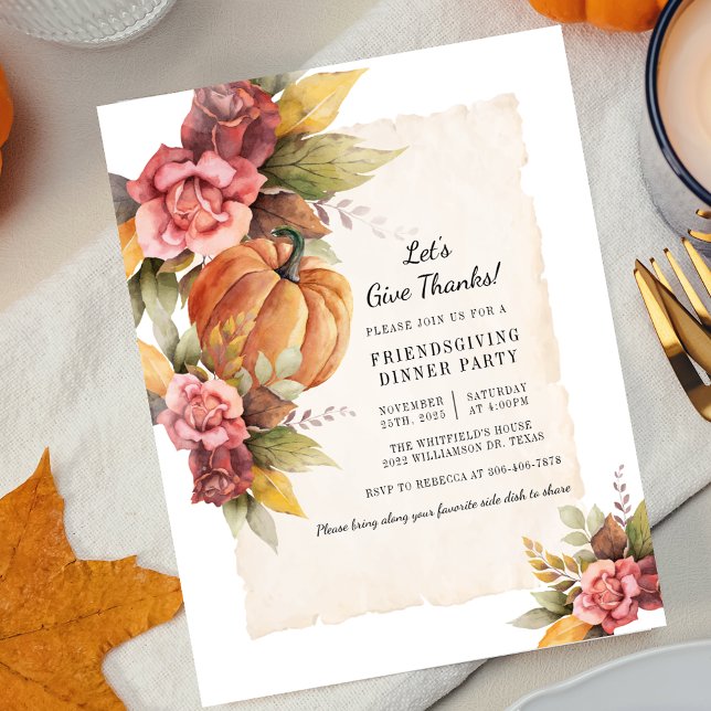 Invitation Fête de l'Action de grâce Floral Rustique de l'Aut (Lets Give Thanks Thanksgiving Dinner Floral Pumpkin Invitation)